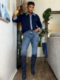 Women Denim Collar Button Knit Shirt