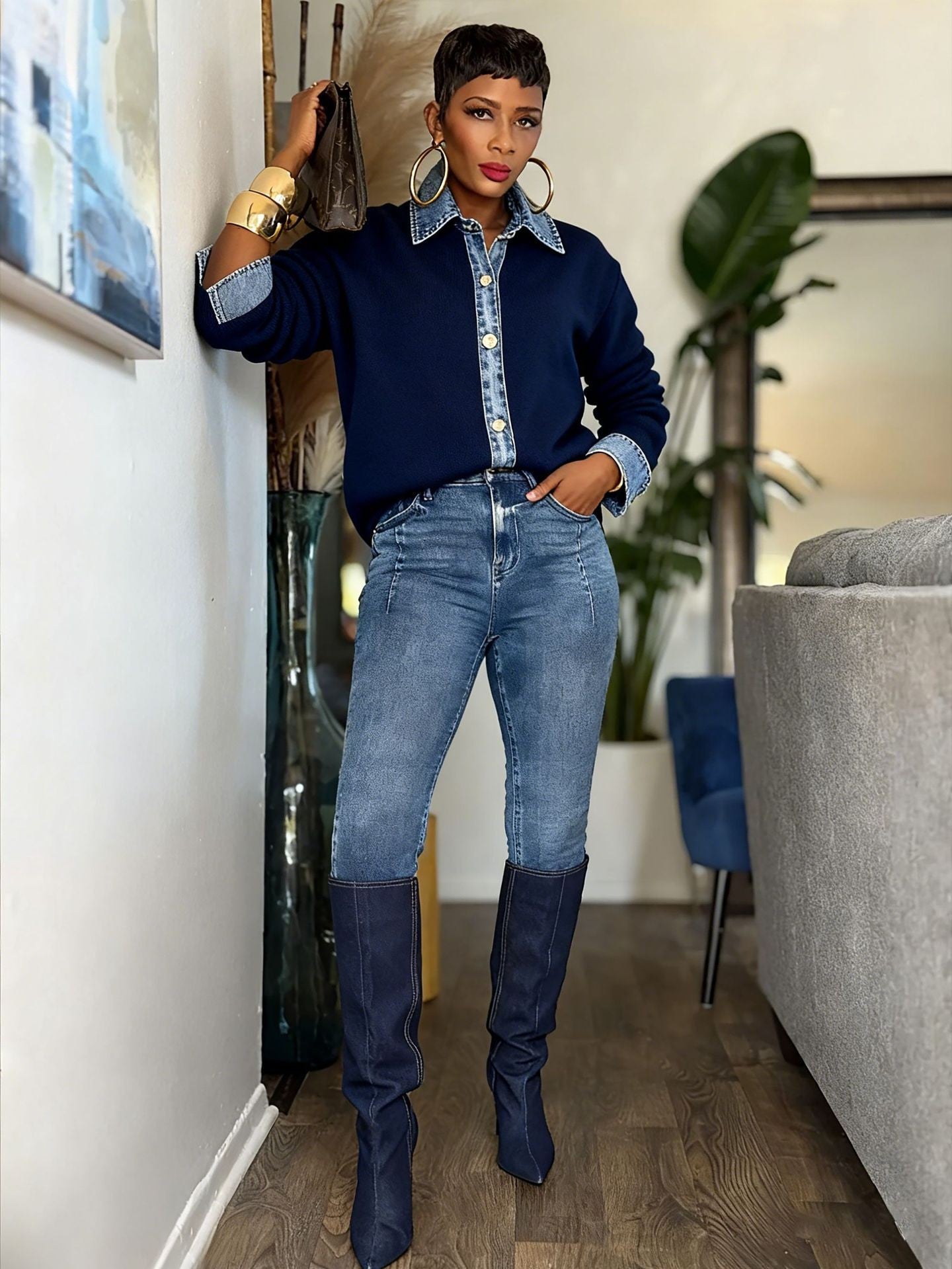 Women Denim Collar Button Knit Shirt