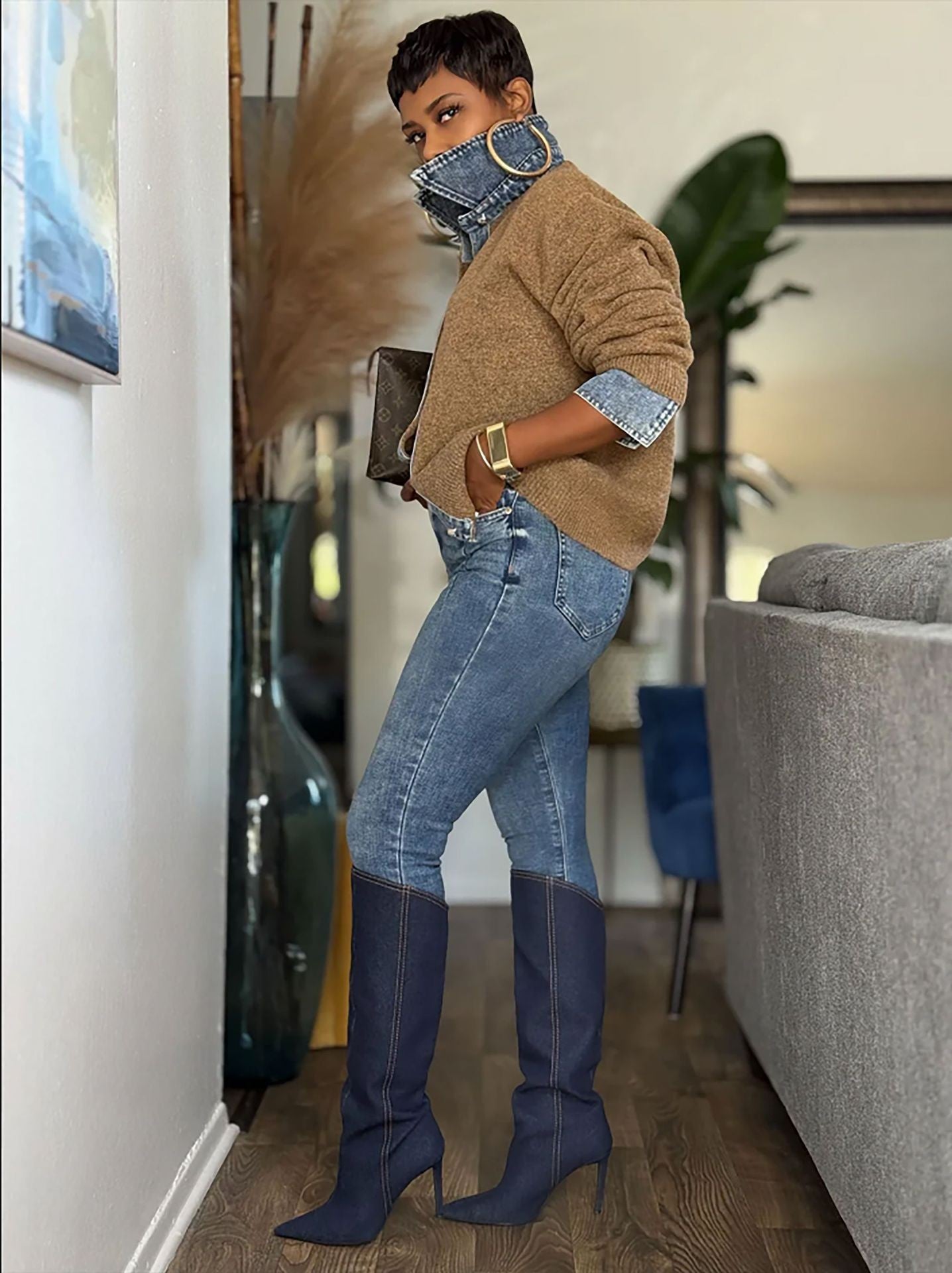 Women Denim Collar Button Knit Shirt