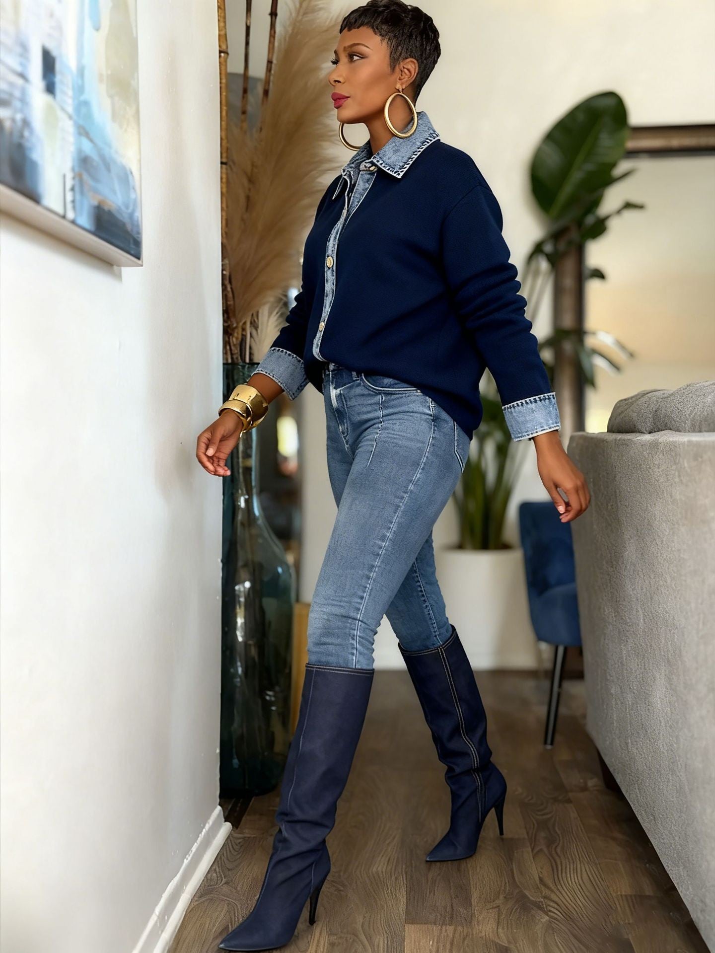 Women Denim Collar Button Knit Shirt