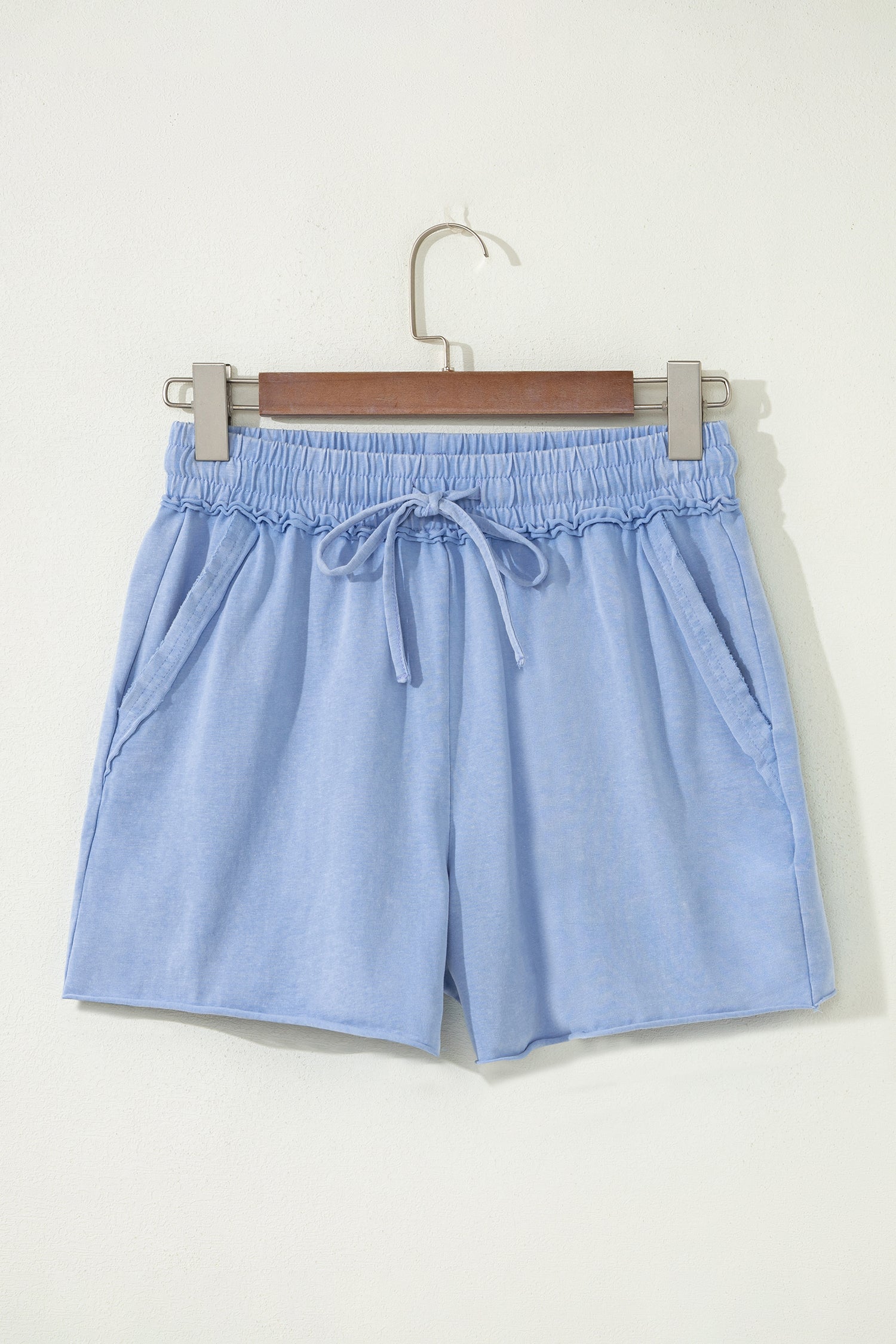 Sky Blue Mineral Washed Drawstring Elastic Waist Raw Cut Shorts