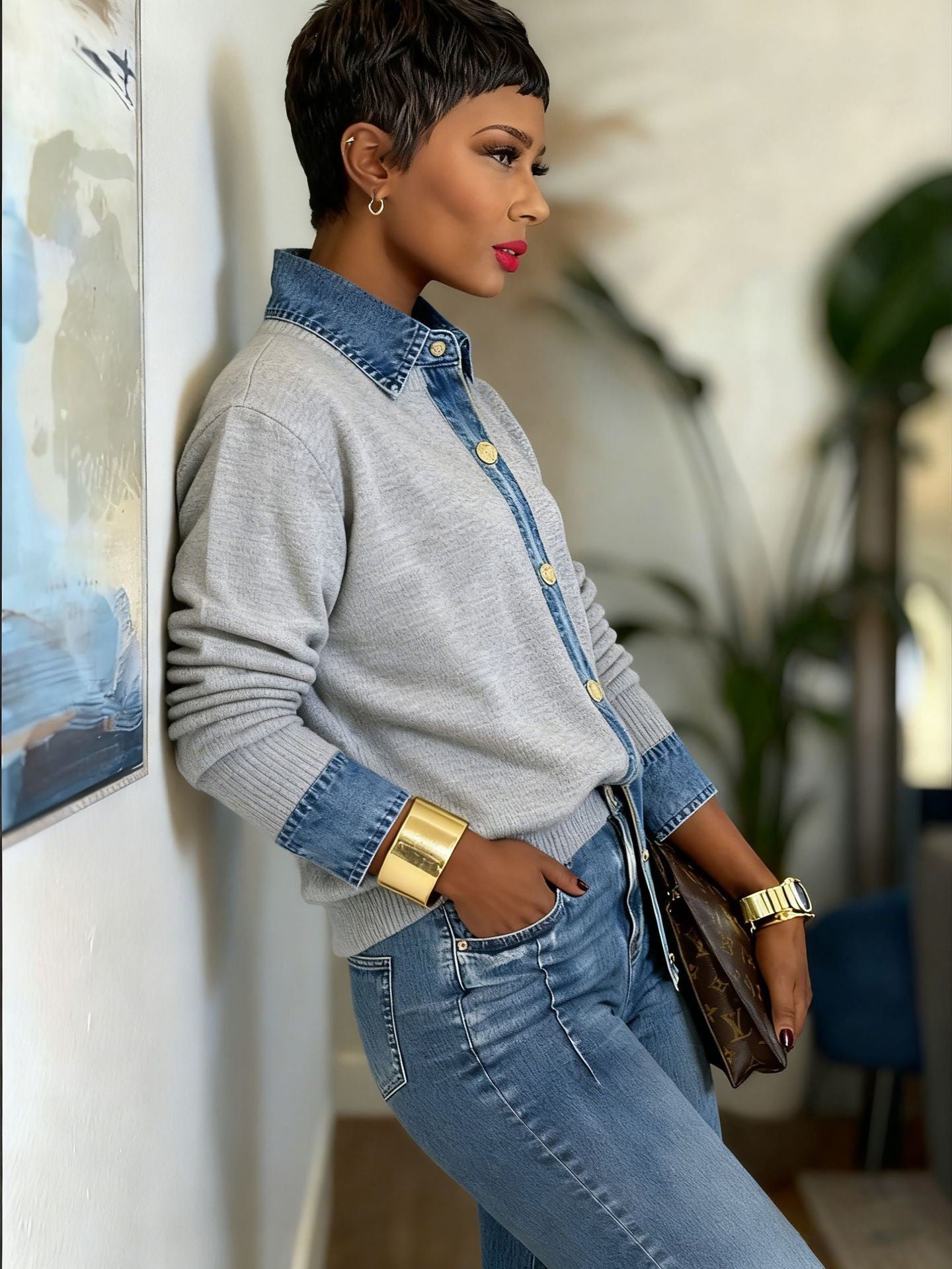 Women Denim Collar Button Knit Shirt