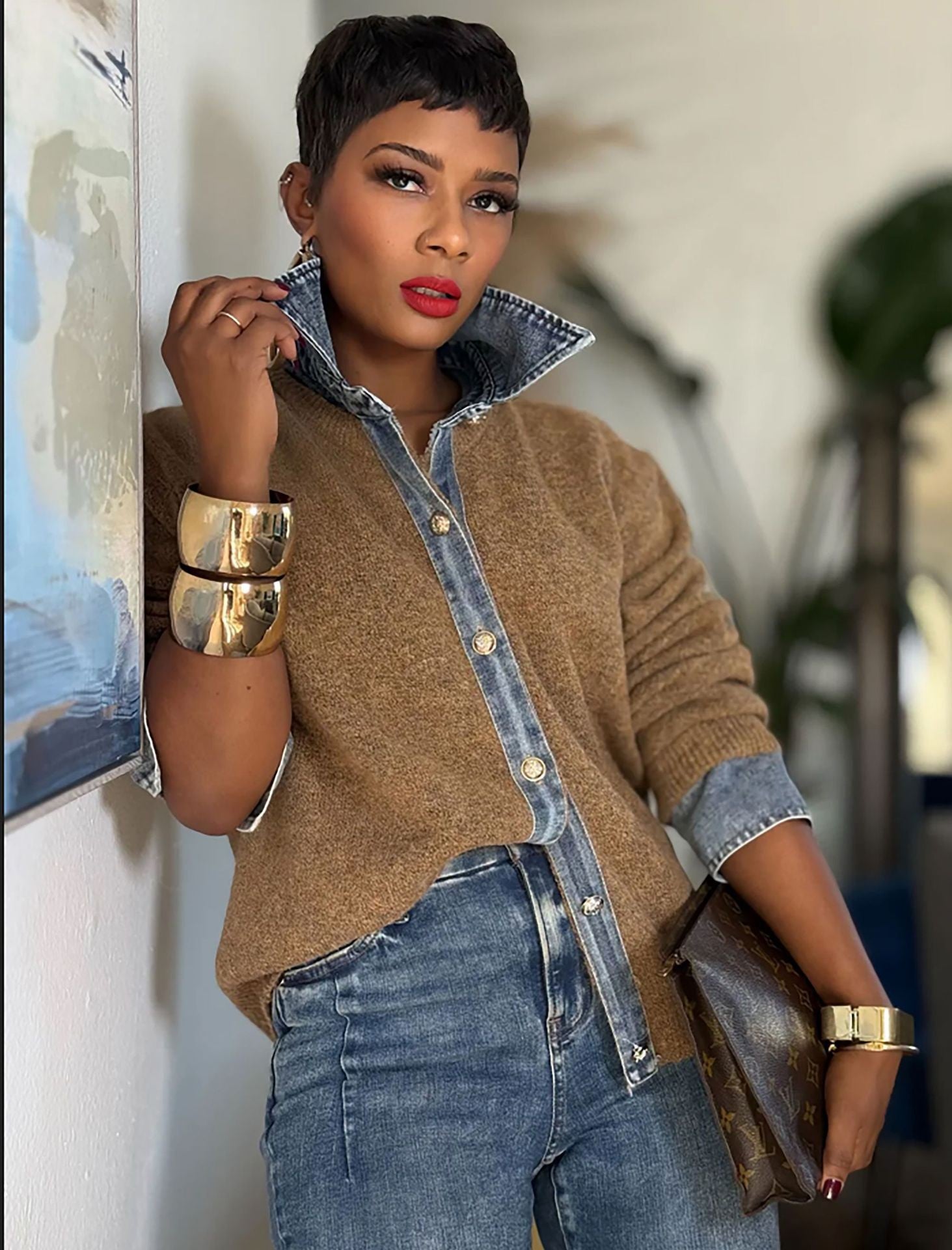 Women Denim Collar Button Knit Shirt