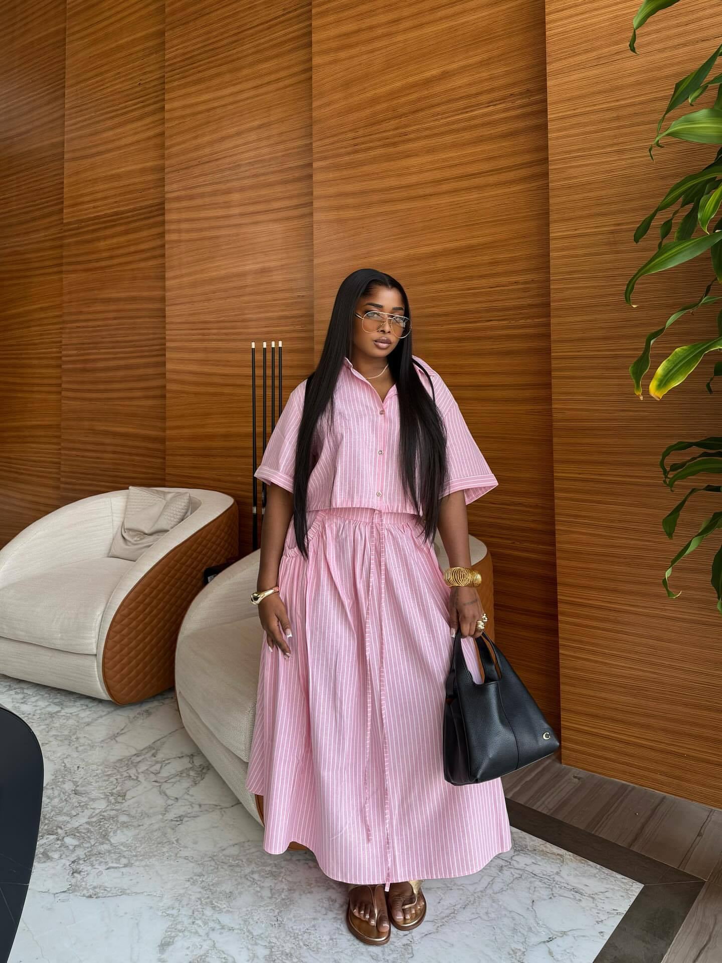 Striped short-sleeved shirt and skirt two-piece set