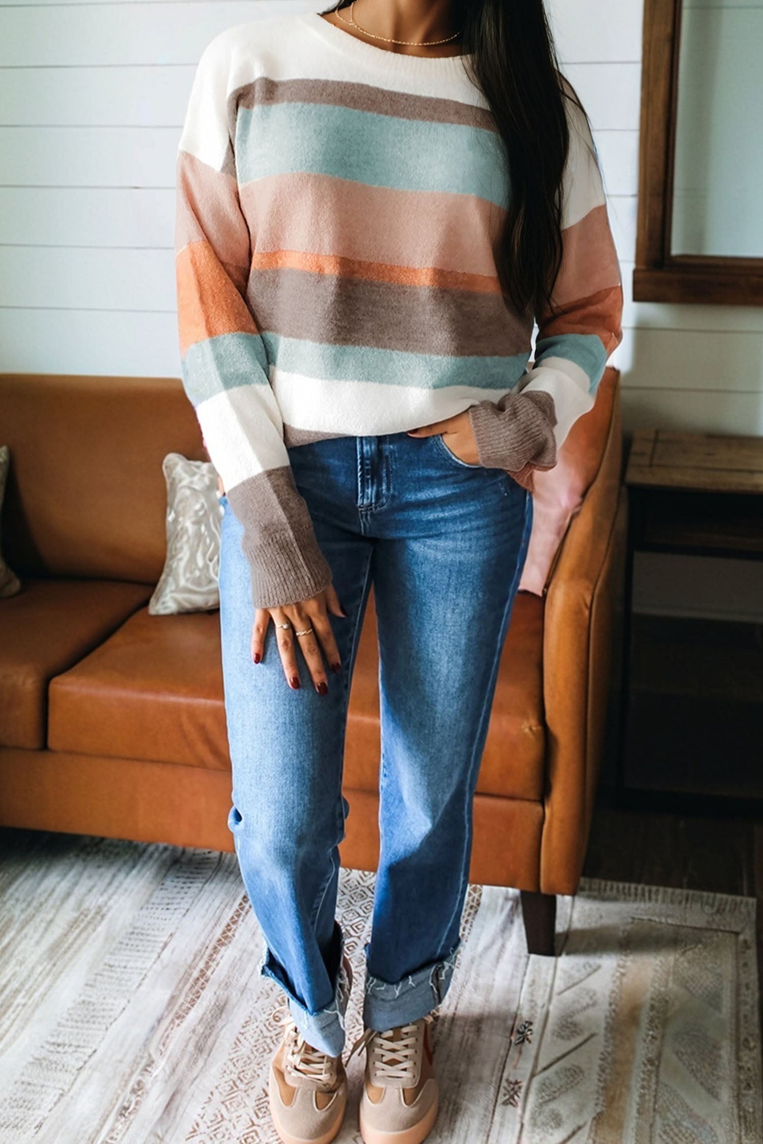 White Striped Color Block Knit Drop Shoulder Sweater