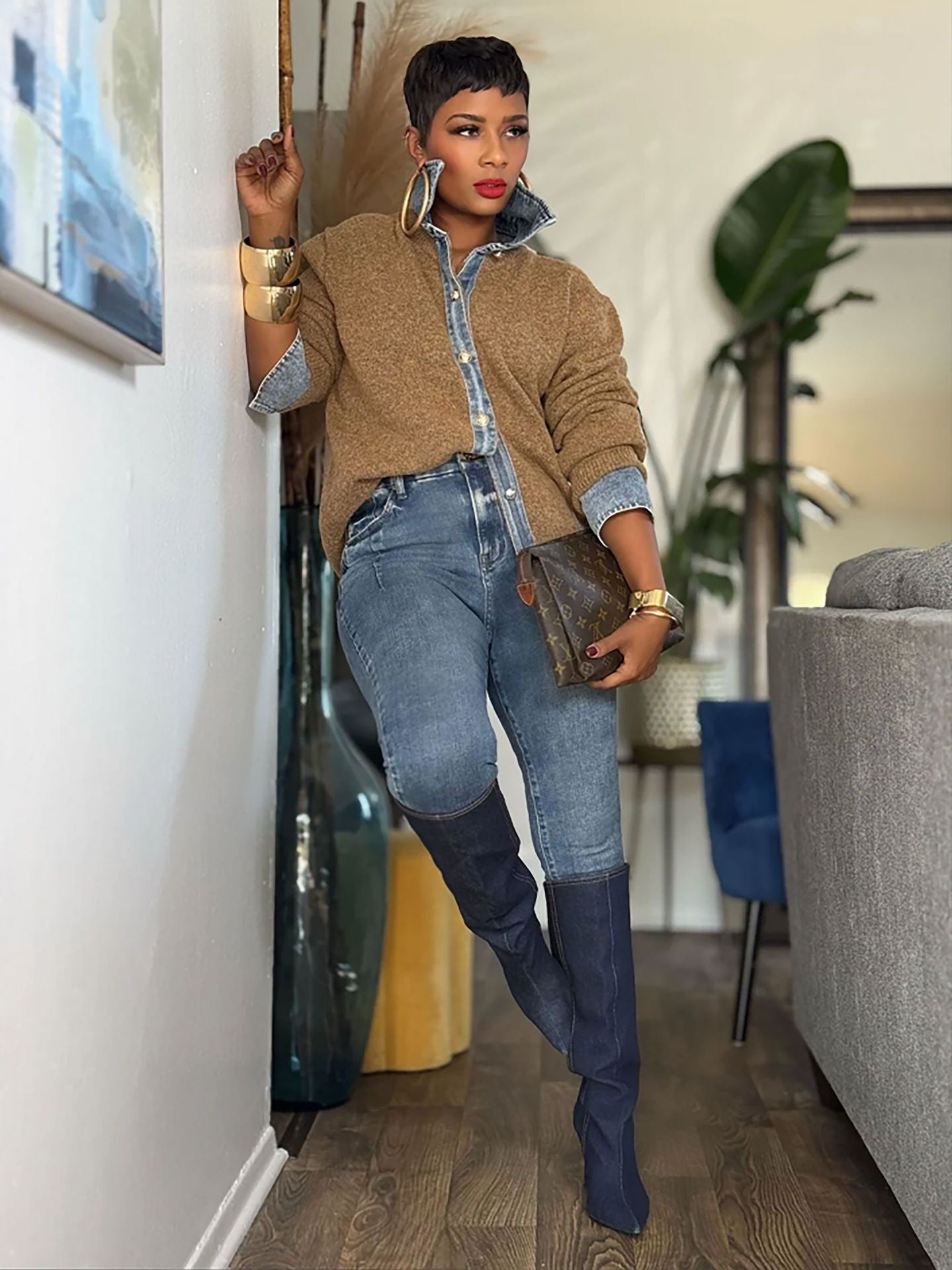 Women Denim Collar Button Knit Shirt