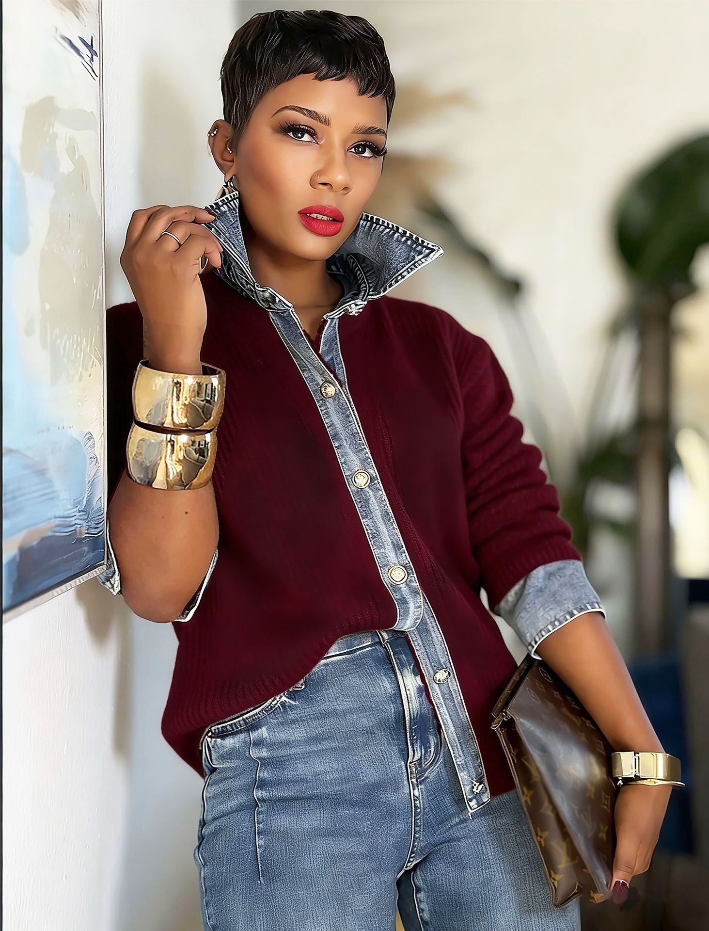 Women Denim Collar Button Knit Shirt