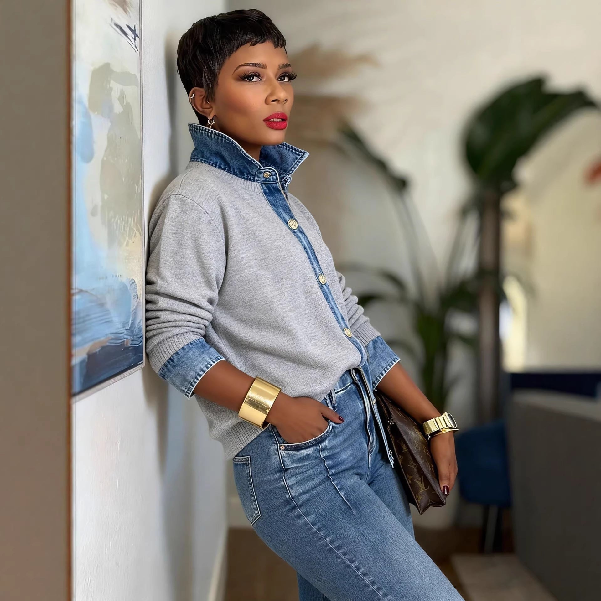 Women Denim Collar Button Knit Shirt
