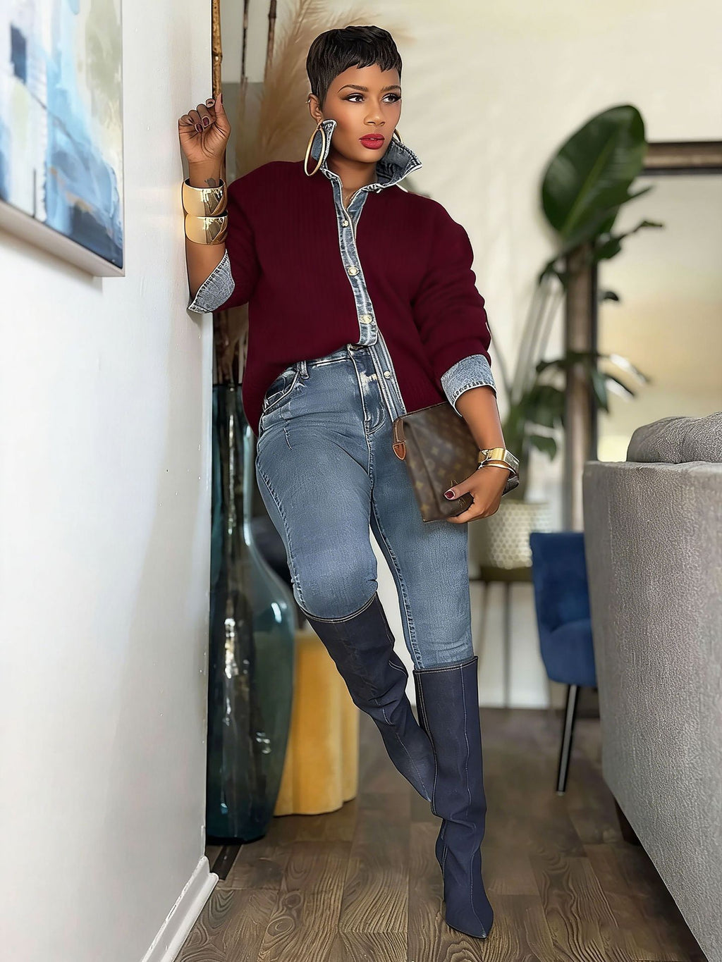 Women Denim Collar Button Knit Shirt