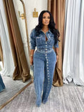 Button Down Denim Top and Pant Two-Piece Set