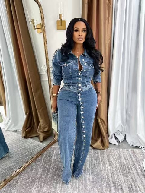 Button Down Denim Top and Pant Two-Piece Set
