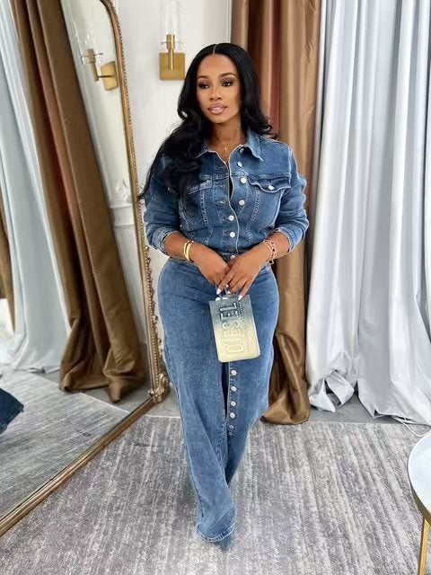 Button Down Denim Top and Pant Two-Piece Set