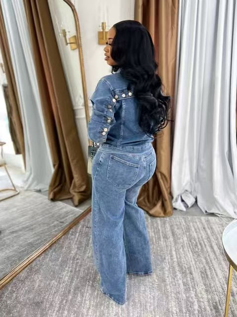 Button Down Denim Top and Pant Two-Piece Set