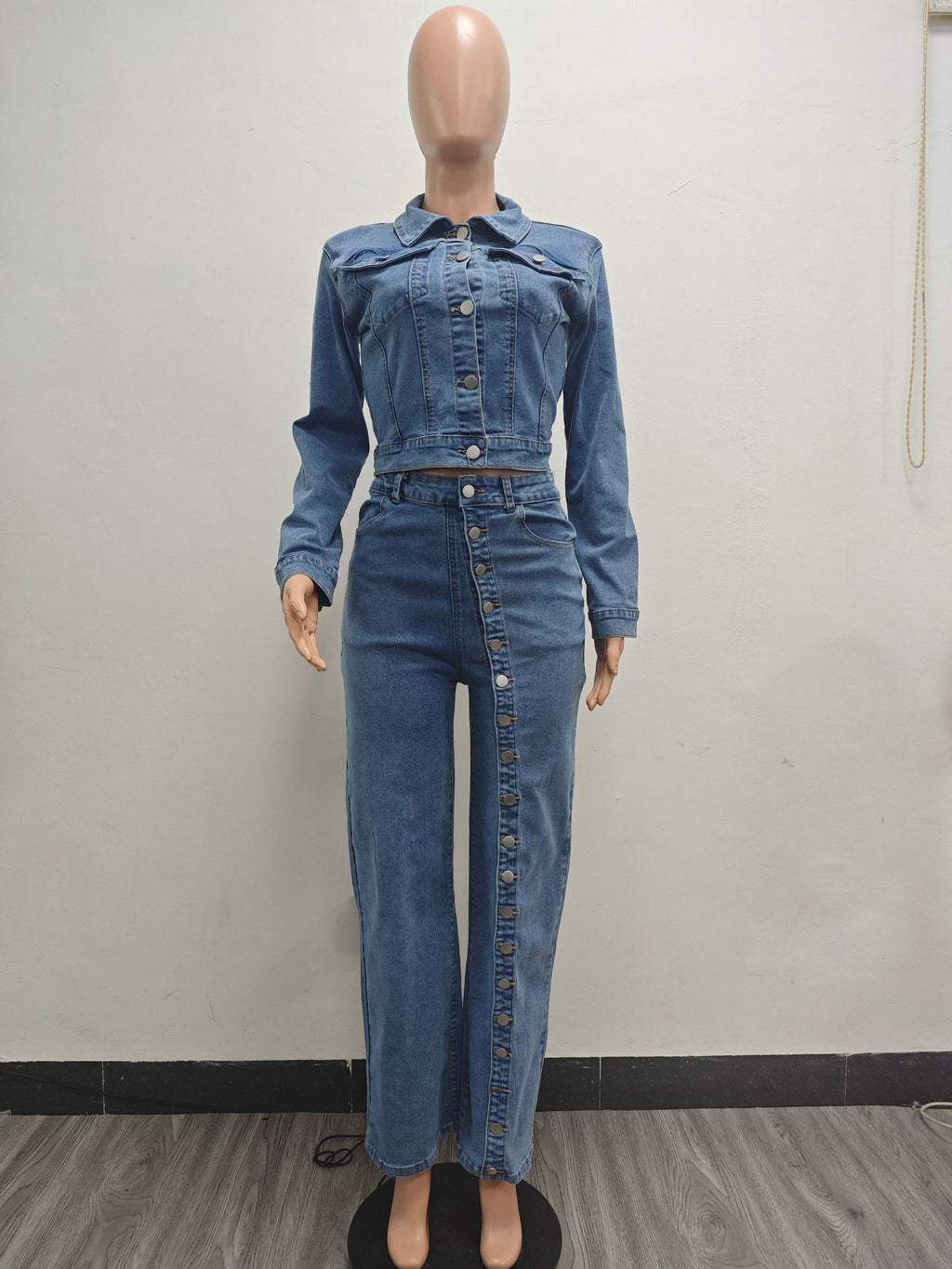 Button Down Denim Top and Pant Two-Piece Set