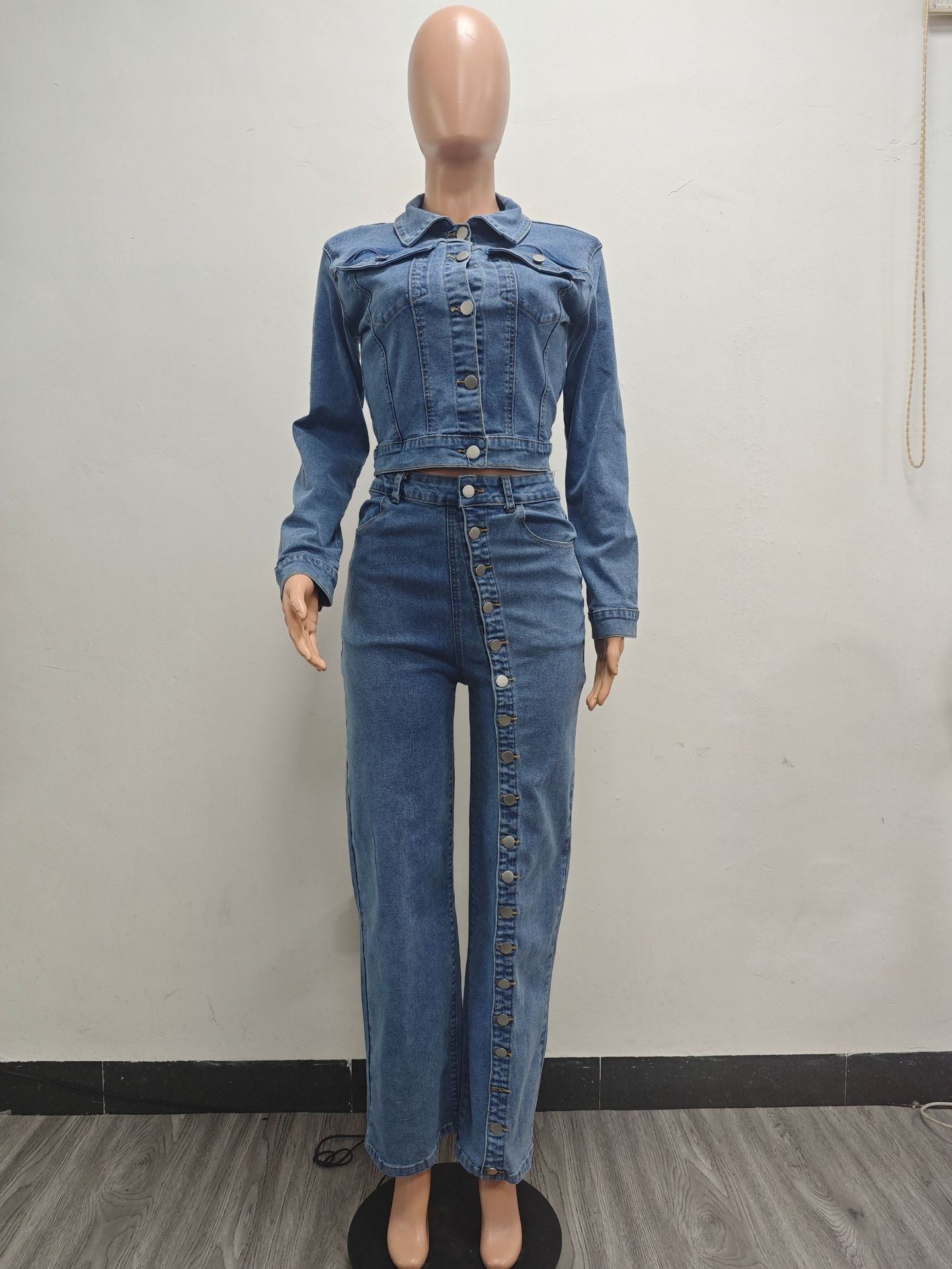 Button Down Denim Top and Pant Two-Piece Set