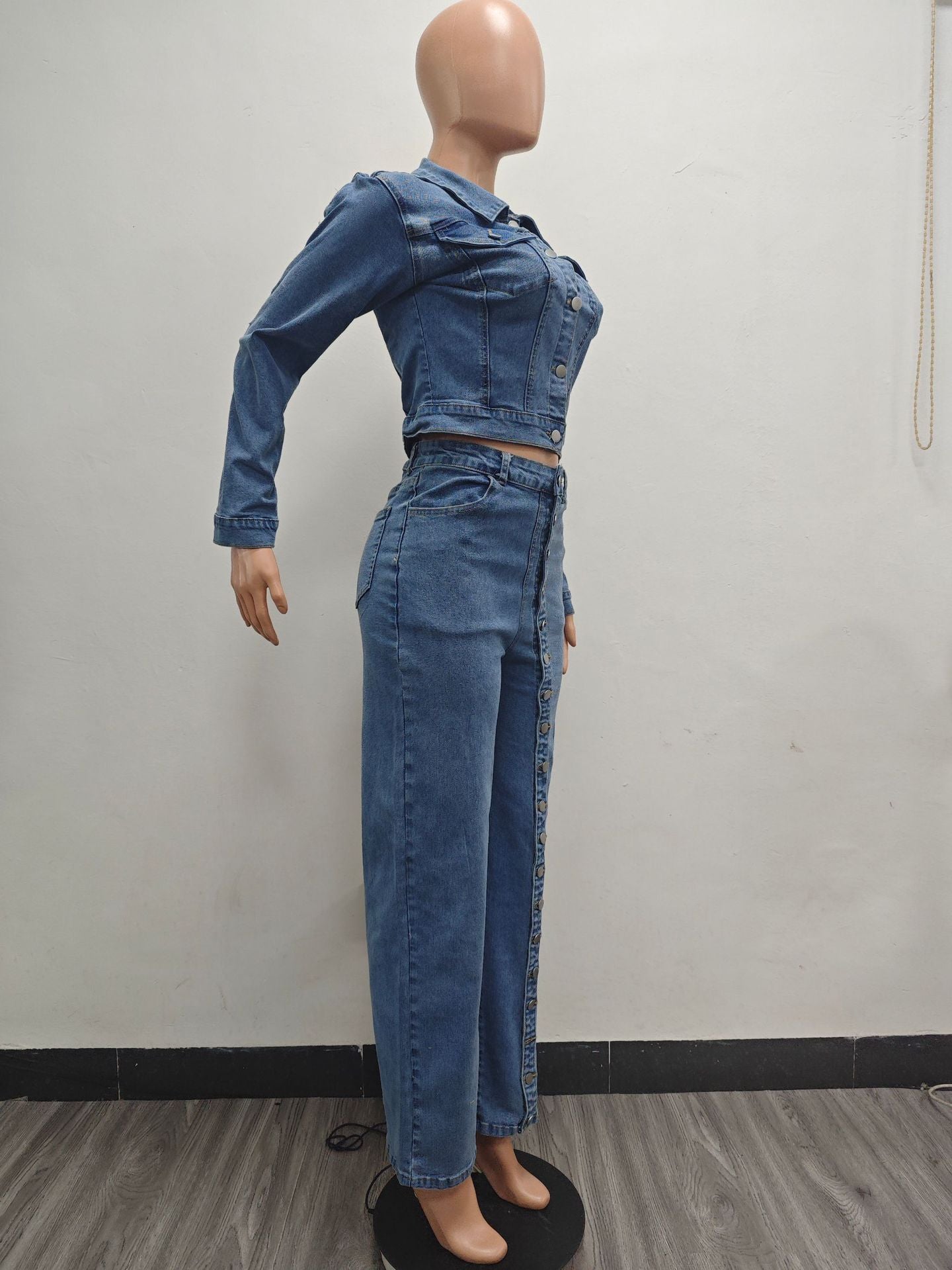 Button Down Denim Top and Pant Two-Piece Set