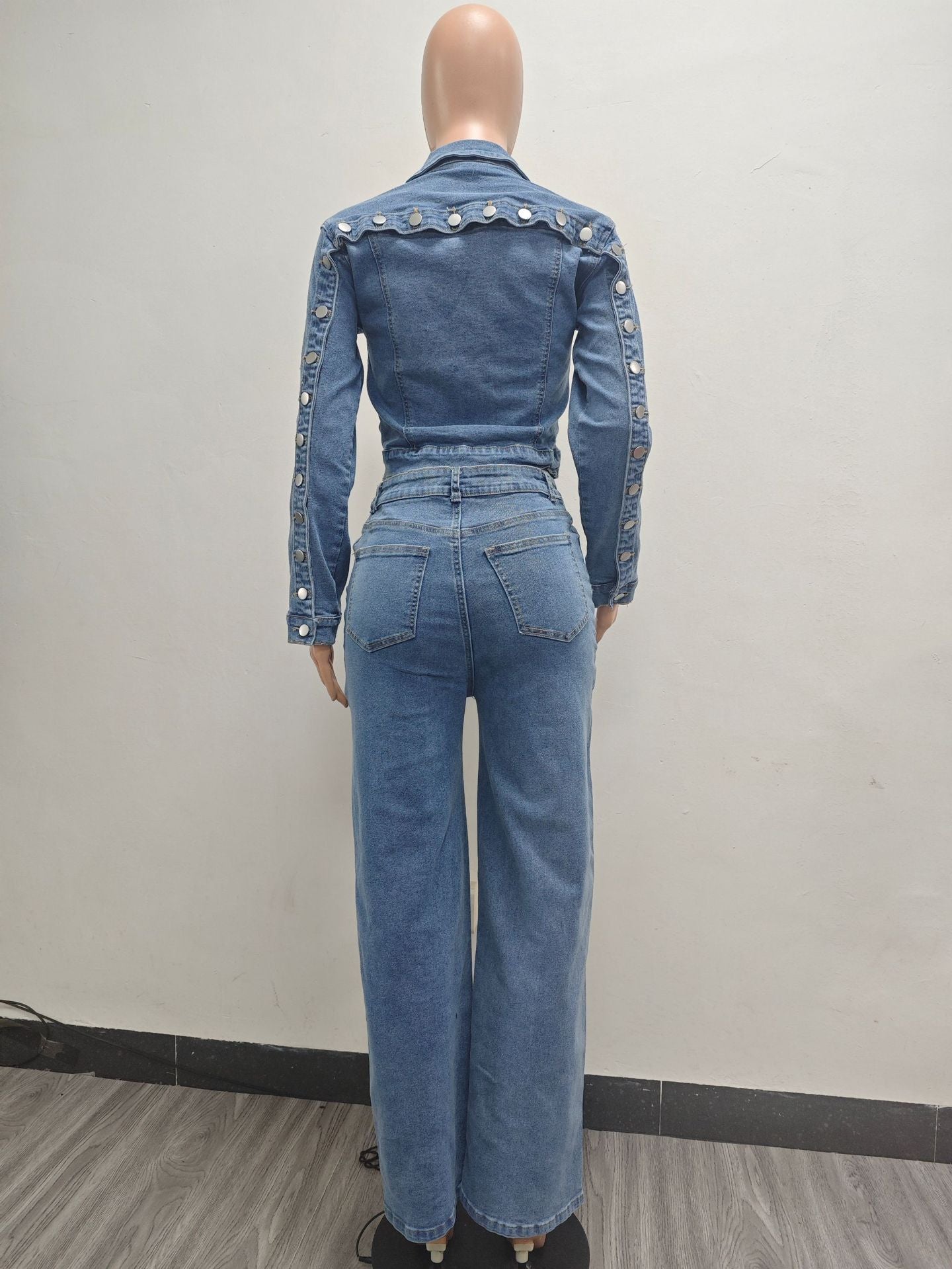 Button Down Denim Top and Pant Two-Piece Set