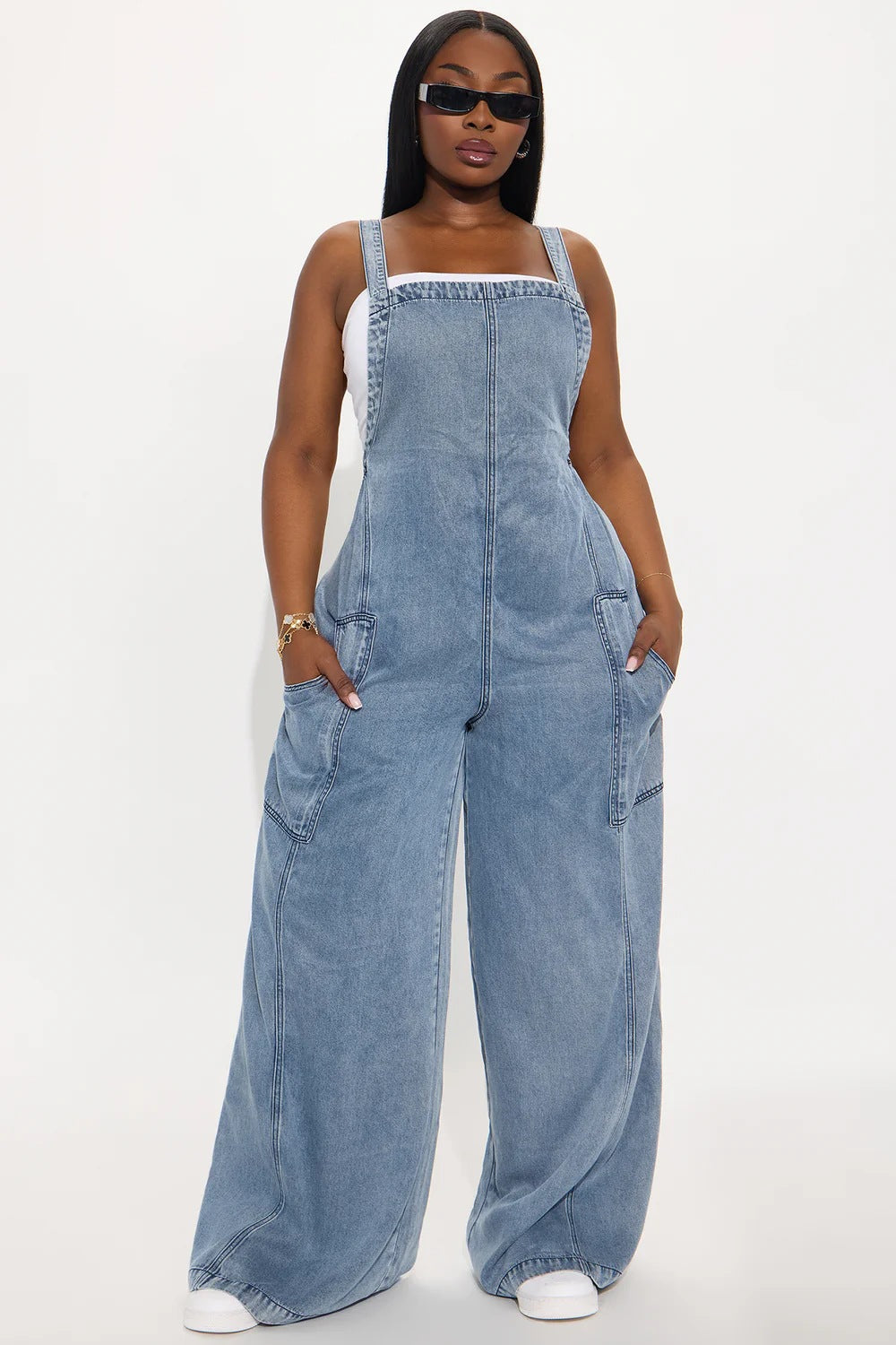 Women Washed Denim Jumpsuit Wide Leg Overall