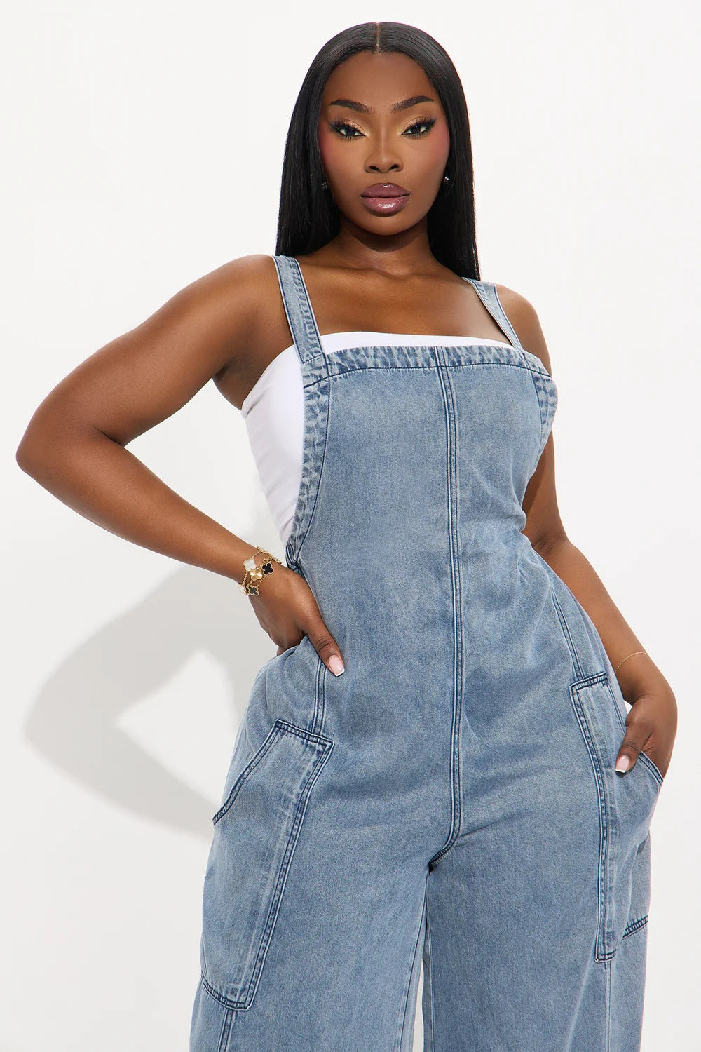 Women Washed Denim Jumpsuit Wide Leg Overall
