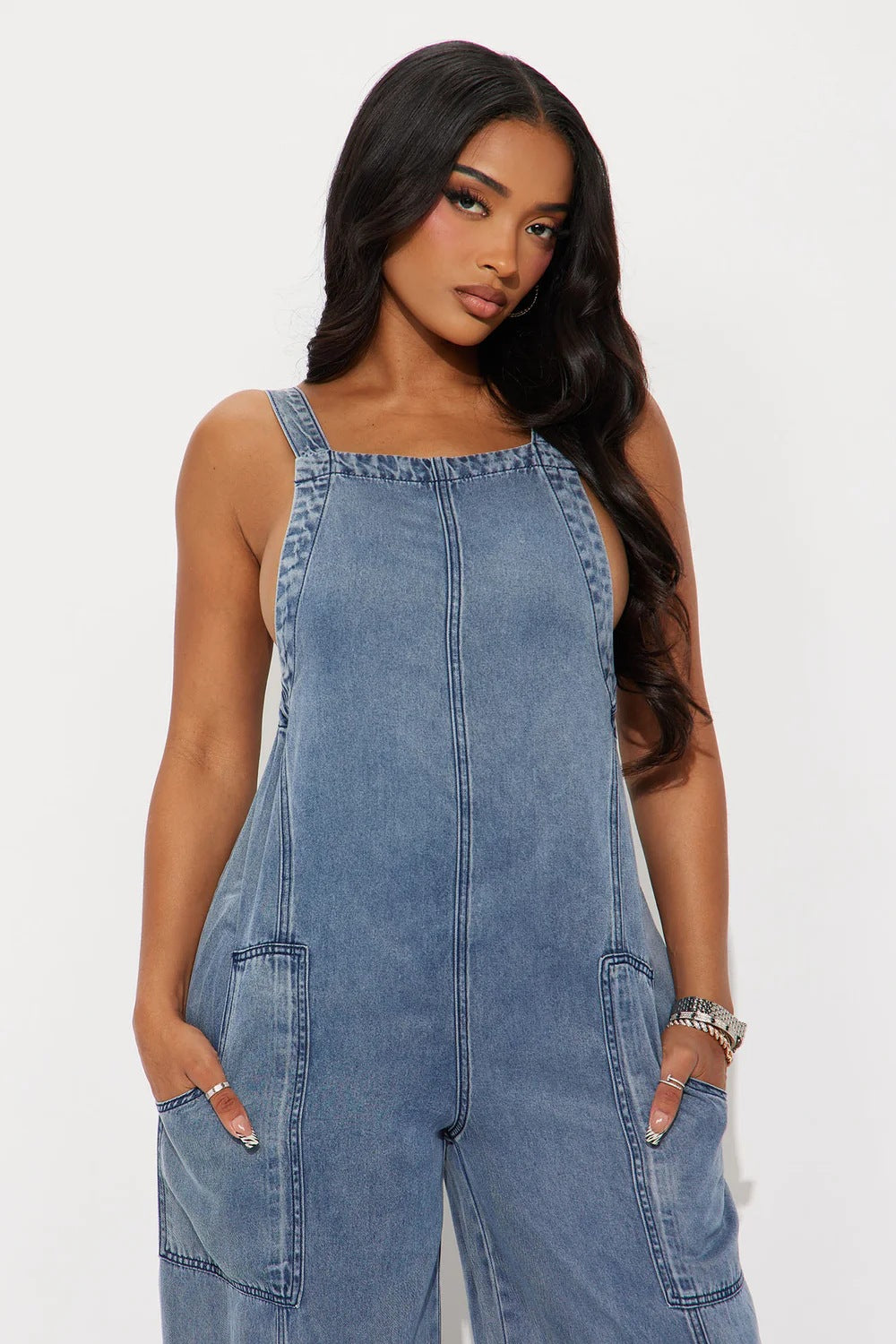 Women Washed Denim Jumpsuit Wide Leg Overall