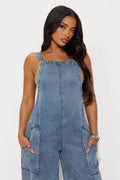 Women Washed Denim Jumpsuit Wide Leg Overall