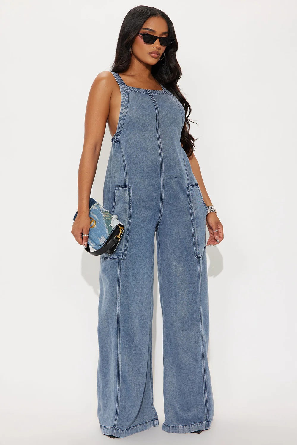 Women Washed Denim Jumpsuit Wide Leg Overall