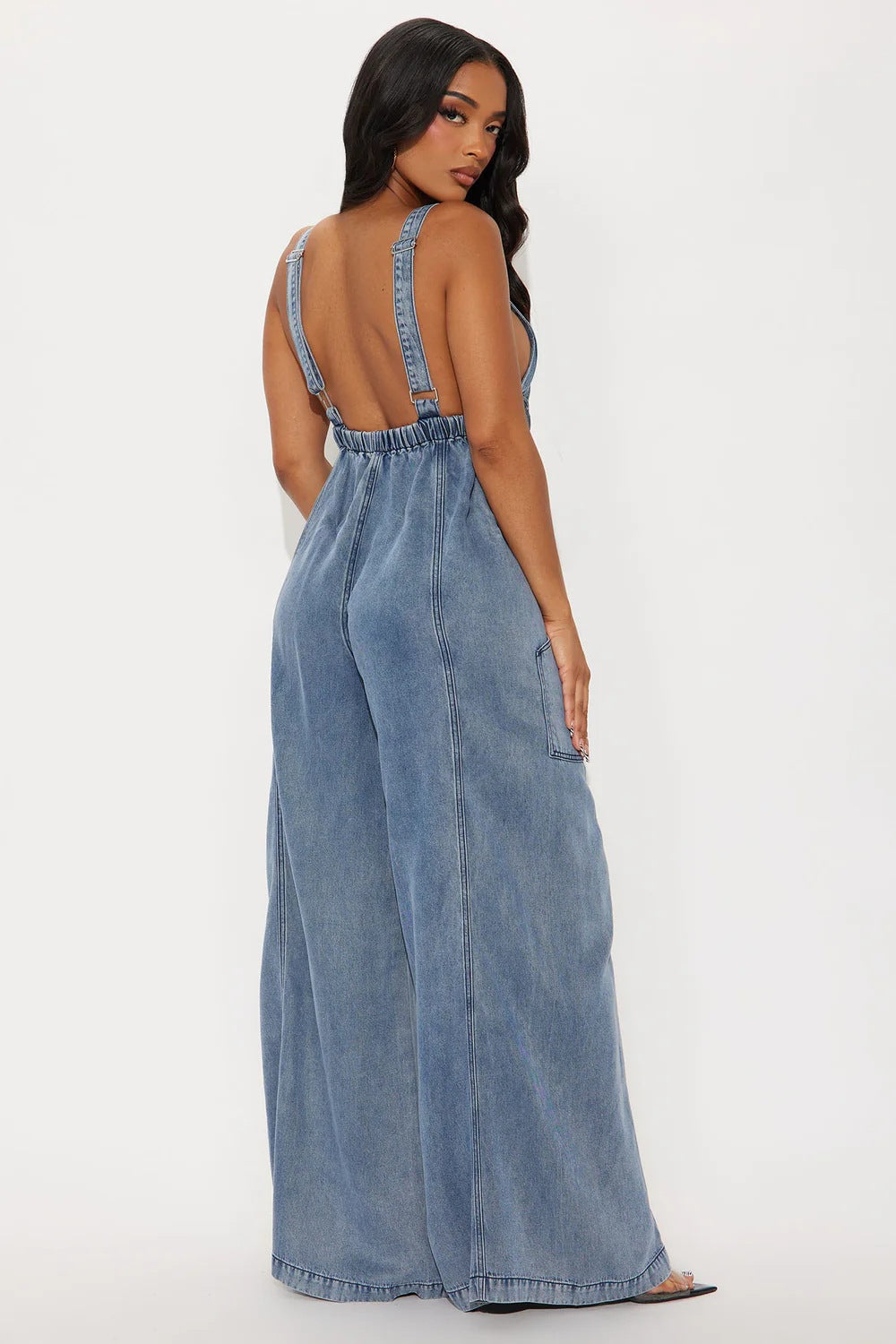 Women Washed Denim Jumpsuit Wide Leg Overall