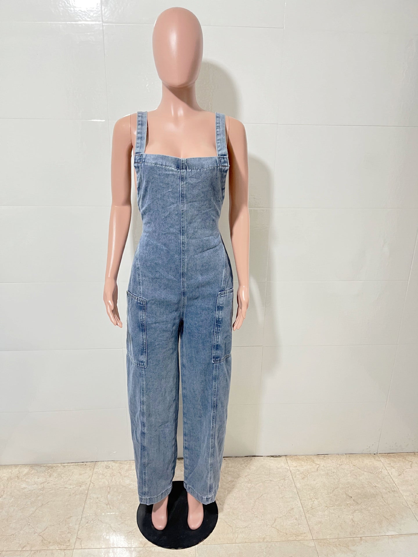 Women Washed Denim Jumpsuit Wide Leg Overall