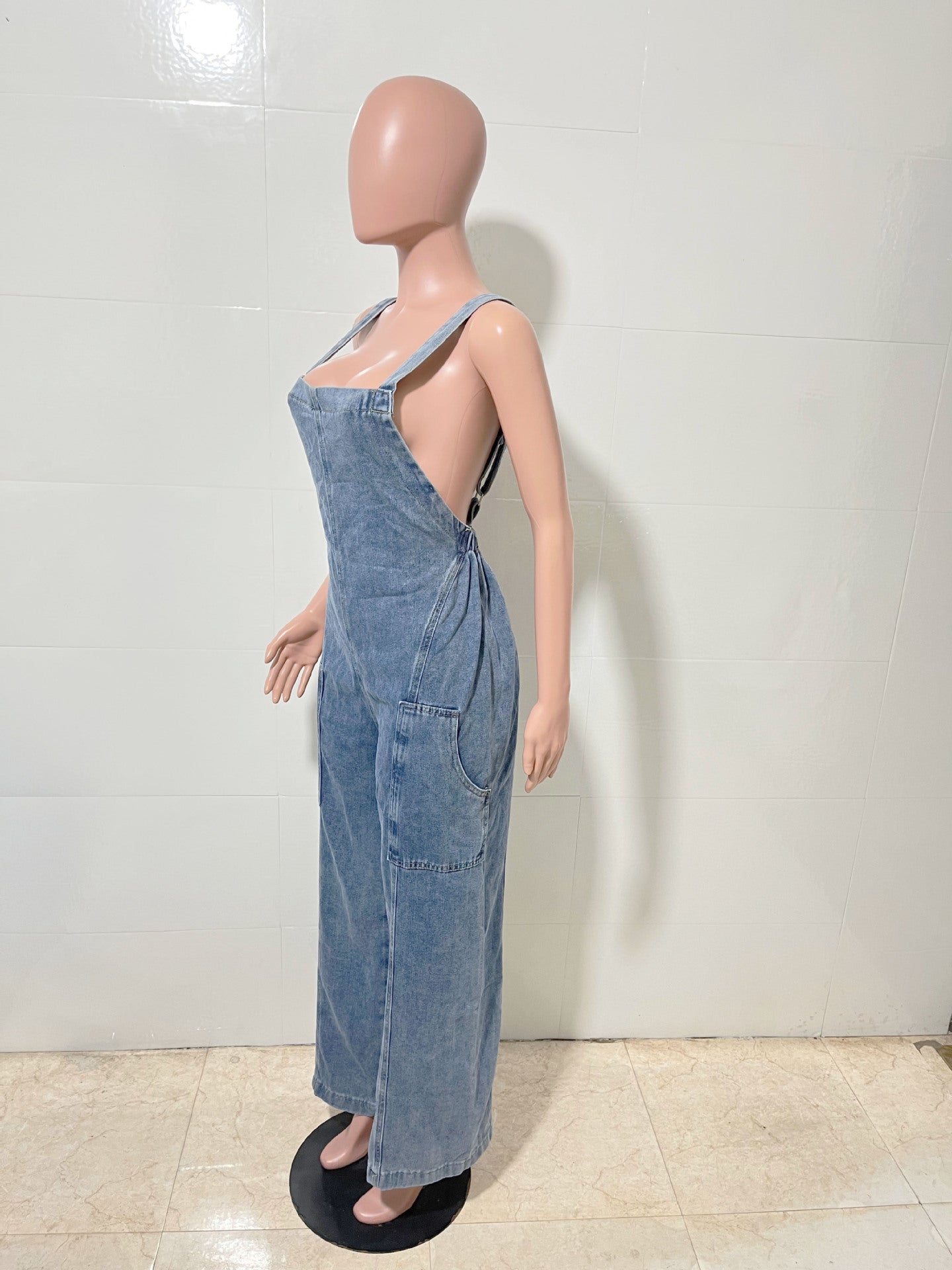 Women Washed Denim Jumpsuit Wide Leg Overall