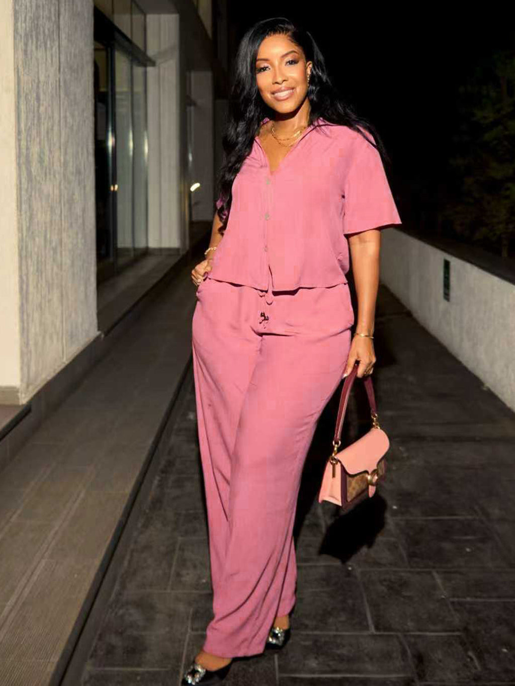 Button Short Sleeve Top And Pant Two-Piece Set