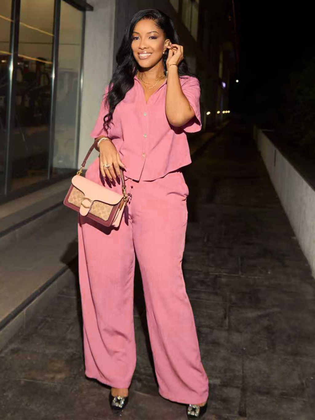 Button Short Sleeve Top And Pant Two-Piece Set