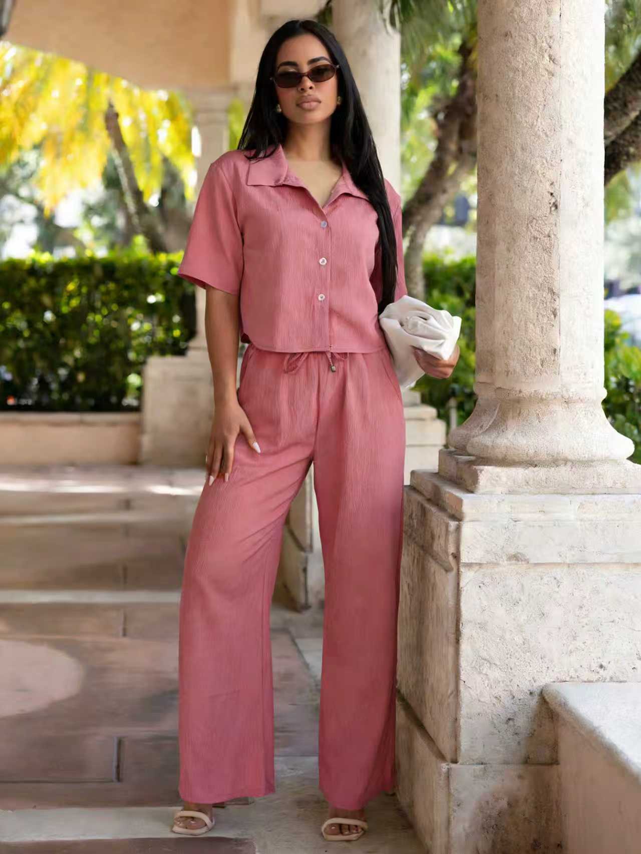 Button Short Sleeve Top And Pant Two-Piece Set